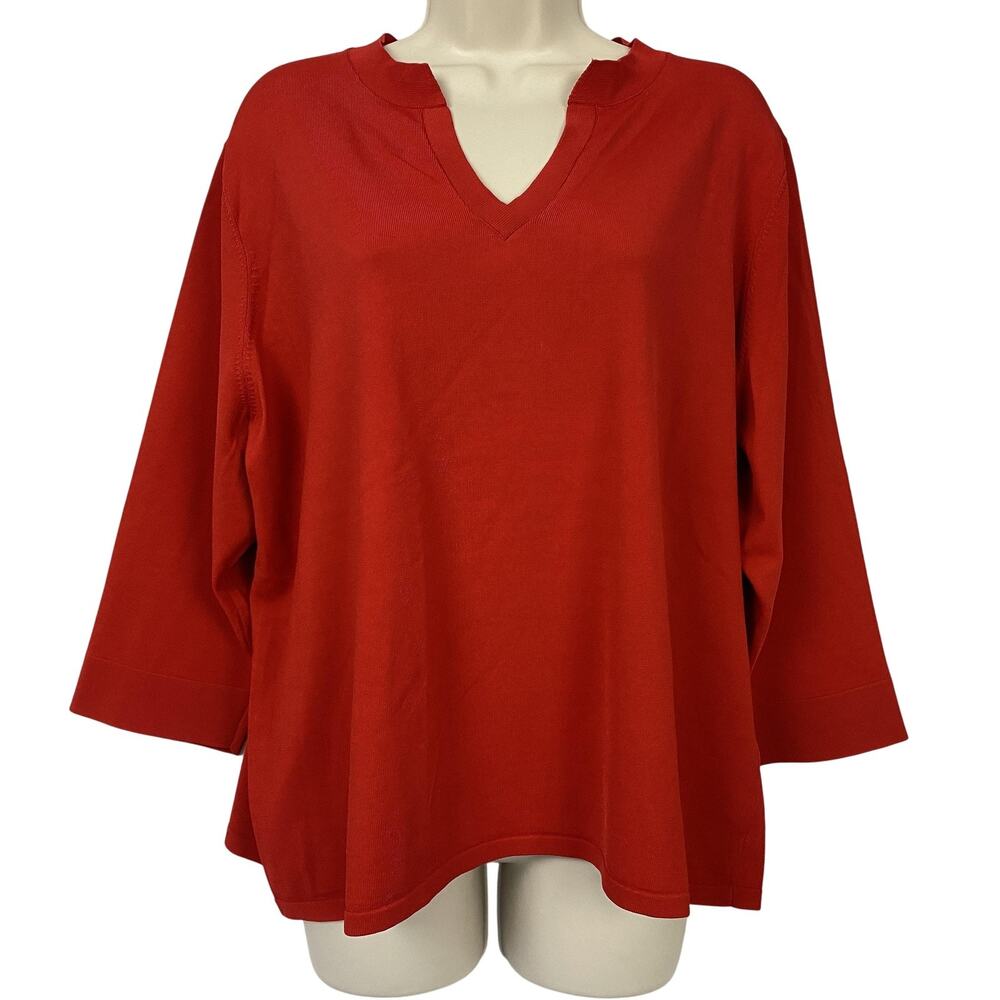 Talbots Sweater Women 2X Red V Neck 3/4 Sleeve Boxy Slinky Christmas Holiday VTG